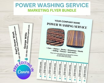 May include: A blue and white flyer with the text "Power Washing Service" and "Your Company Name" at the top. The flyer advertises power washing services for cars, patios, decks, driveways, roofs, siding, fences, and more. The flyer includes a phone number and email address for contact.