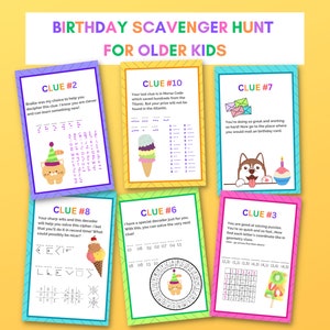 Printable Birthday Scavenger Hunt for Older Kids and Teens | Indoor Birthday treasure hunt for kids, tweens and teens | Kids Birthday Games