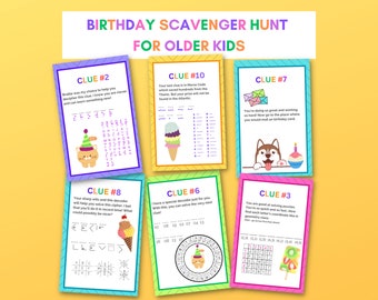 Printable Birthday Scavenger Hunt for Older Kids and Teens | Indoor Birthday treasure hunt for kids, tweens and teens | Kids Birthday Games