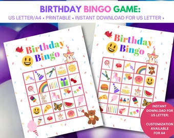 Birthday Party Bingo Game for kids | Printable Birthday Party Bingo Game for Children | Print At Home Bingo Game | Party Activity for Kids a