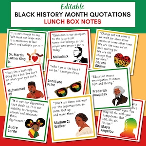 Lancheira do Mês da História Negra Notas de citações famosas | Imprimíveis editáveis | Citações inspiradoras | Notas sobre lancheira infantil | Cartões de afirmação