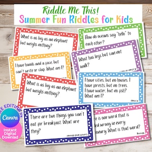 Editable Riddle Me This Cards For Kids, 30 riddles plus editable Canva templates, Instant Download, Family Game night, Brain Teasers