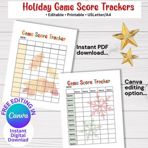 Holiday Season Game Score Tracker für Feiertagspartyspiele und Familienspielenacht, 5 Vorlagen, druckbar, laden Sie eine bearbeitbare Canva-Vorlage herunter
