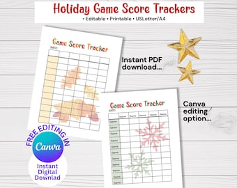 Holiday Season Game Score Tracker for holiday party games and family game night, 5 Templates, Printable download an editable Canva template