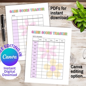 Rastreador de puntaje de juego perfecto para la noche de juegos en familia, tiene temas de temporada, descarga instantánea en PDF simple y una opción de plantilla Canva editable