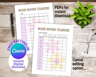 Game Score Tracker Perfect for Family Game Night, Has Seasonal Themes, Simple PDF instant download plus an editable Canva Template Option