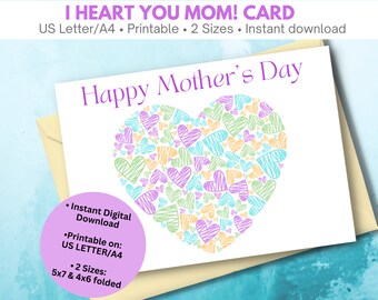 Je t'aime maman ! Cartes de fête des mères imprimables | Carte de fête des mères à la mode | Carte de coeur heureuse fête des mères | Cartes de fête des mères pour fille