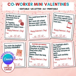 Bewerkbare valentijnskaarten collega's, minikaarten valentijnskaarten, grappige en grappige valentijnskaarten voor medewerkers, afdrukbare pdf, canvasjabloon