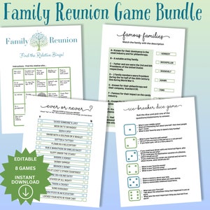 Puede incluir: Un paquete de juegos de reunión familiar imprimible con ocho juegos diferentes, que incluyen "¡Encuentra el bingo de los familiares!" y "¿Alguna vez o nunca?" Los juegos están diseñados para ser divertidos y atractivos para todas las edades. El paquete también incluye un juego de emparejamiento de "Familias famosas" y un "Juego de dados rompehielos".