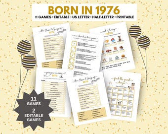 Paquete de juegos para fiestas de cumpleaños creado para los nacidos en 1976, paquete de juegos editables e imprimibles para una fiesta de 50 cumpleaños.