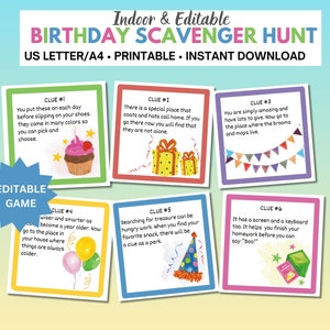 Editable Birthday Scavenger Hunt, Birthday Treasure Hunt for kids and tweens, Indoor Scavenger Hunt, Party games for kids