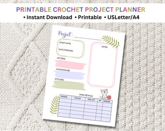 Planificador de proyectos de crochet imprimible y diario con una descarga adicional de contador de filas / organizador de manualidades y planificador de patrones de crochet
