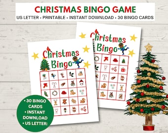 May include: A printable Christmas bingo game with 30 cards. The game features a red and green color scheme with images of Christmas trees, candy canes, reindeer, and other festive items. The text "Christmas Bingo" is printed in red and green on the cards.
