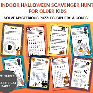 May include: A set of printable Halloween scavenger hunt cards for older kids. The cards feature a variety of puzzles, ciphers, and codes to solve. The cards are decorated with Halloween-themed images, such as ghosts, pumpkins, bats, and owls.