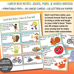 May include: A set of 40 printable lunchbox notes with jokes, puns, and knock-knock jokes. The cards feature colourful illustrations and are designed for kids to enjoy and share with classmates. The text on the cards includes phrases like "Why don't oysters donate to charity?" and "What did one wall say to the other wall?"