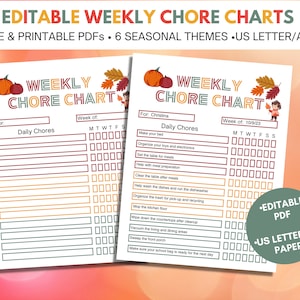 Customizable Printable Seasonal Chore Charts for Kids - Personalized and Editable |  | Responsibility and Chore chart for kids printable