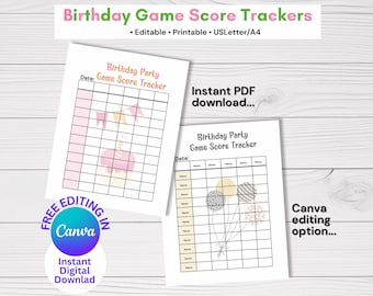Editable birthday game score trackers for kids and adult birthday parties, printable download, includes editable option as a Canva template