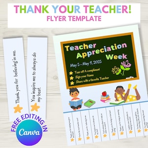 Editable Teacher Appreciation Week Tear-Off Flyer,  End of School Year Classroom Activity,  Canva Editable Template and Instant download