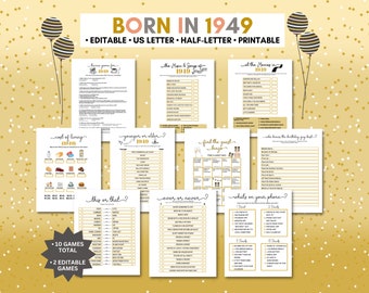 75th Birthday Party Games | Editable Born in 1949 Games Bundle | Seventy-fifth Birthday Games | 1949 Trivia Games | Find the Guest Bingo
