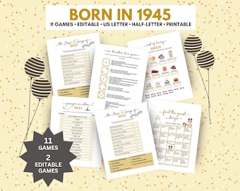 May include: A set of 11 printable party games for a 1945 birthday party. The games include "The Music & Songs of 1945", "Younger or Older 1945", "Ice-Breaker Dice Game", "Cost of Living (1945)", and "Find the Guest Bingo".