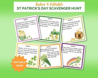 Editable Indoor St Patricks Day Scavenger Hunt for Kids | Printable Treasure Hunt | Home Scavenger Hunt with a Leprechaun letter and clues