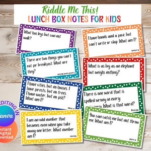 Notes de boîte à lunch modifiables pour enfants, énigmes brise-glace pour la rentrée, notes de boîte à lunch, articles à imprimer, modèles canva, soirée jeux en famille