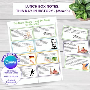 May include: A printable set of 31 lunchbox notes featuring historical events that occurred in March. The notes are designed to be printed on US Letter or A4 paper and are perfect for teachers, parents, or anyone who wants to learn about history. The notes include images and text, such as a volcano erupting, a plane flying, a scale of justice, a man with a beard, a bag of seafood, a church, and a scroll.