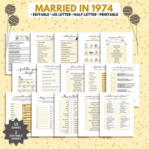 51周年結婚記念パーティーゲームバンドル、エメラルドアニバーサリー、1974年結婚、編集可能なゲーム、ゲストビンゴを探す、アイスブレーカー