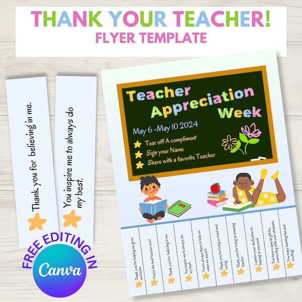 Editable Tear-Off Compliments for Teachers, Teacher Appreciation Flyer, Canva Template Download, Tear-off flyer,  End of year thank you gift