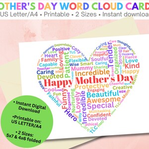 Happy Mothers Day Printable Word Cloud Card | Trendy Mothers Day Card | Mothers Day Word Cloud Heart Graphic | Word Cloud Mothers Day heart
