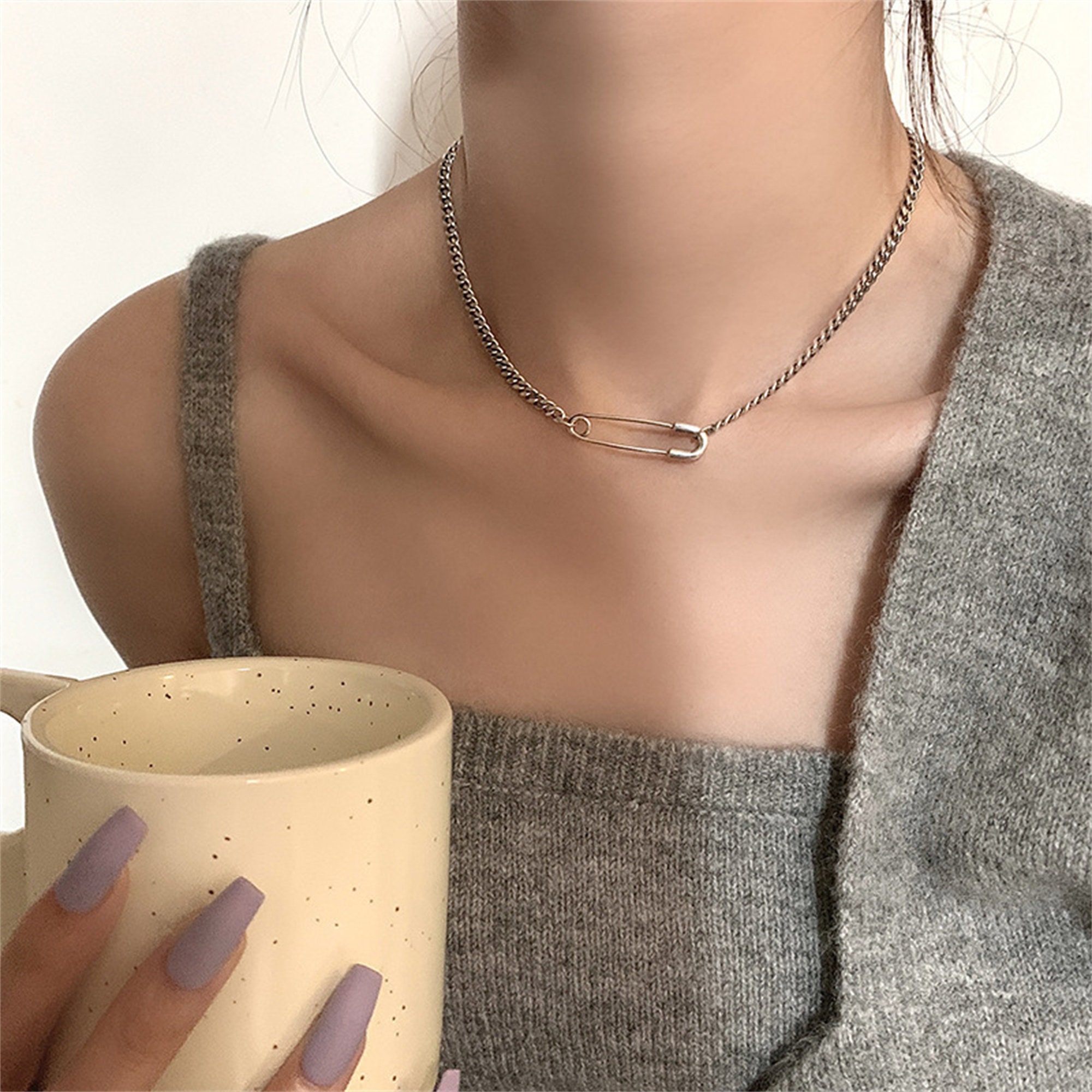 Sterling Silver Safety Pin Necklace - Etsy