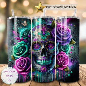 Vibrant Neon Sugar Skull, Roses 20 oz Skinny Tumbler Sublimation Design Digital Download PNG Instant DIGITAL ONLY, Sugar Skull Tumbler Wrap