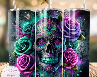 Vibrante Neon Sugar Skull, Rosas 20 oz Skinny Tumbler Sublimação Design Digital Download PNG Instantâneo SOMENTE DIGITAL, Sugar Skull Tumbler Wrap