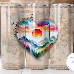 Aquarela de paisagem de montanha, aventura aguarda design de sublimação de copo magro de 20 onças Download digital PNG instantâneo SOMENTE DIGITAL Wrap