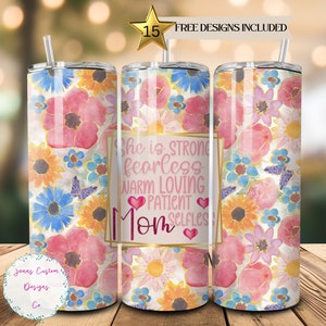 She is Mom Mother&#39;s Day, Glitter and Flowers 20 oz Skinny Tumbler Sublimation Design Digital Download PNG Instant DIGITAL ONLY, Tumbler Wrap