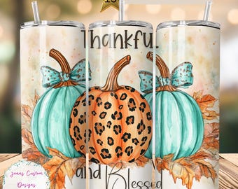 Fall Leopard Print Pumpkins, Thankful and Blessed Skinny Tumbler Sublimation Design Digital Download PNG Instant DIGITAL ONLY, Tumbler Wrap