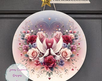 Design de cabide de porta redondo de sublimação de pomba e rosas para o Dia dos Namorados PNG, design de sublimação para o Dia dos Namorados para 12 polegadas redondo digital SOMENTE