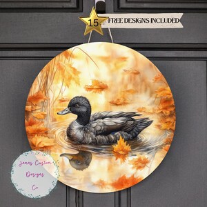 Duck on Water With Fall Leaves, Sublimation Round Door Hanger Design PNG, Sublimation Design for 12 Inch Round Digital ONLY