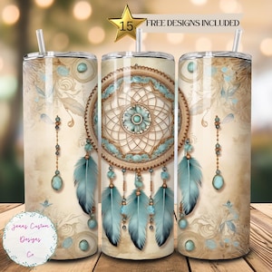May include: A stainless steel tumbler featuring a dream catcher design with turquoise feathers and beads on a beige background. The tumbler is 20 ounces and comes with a straw.