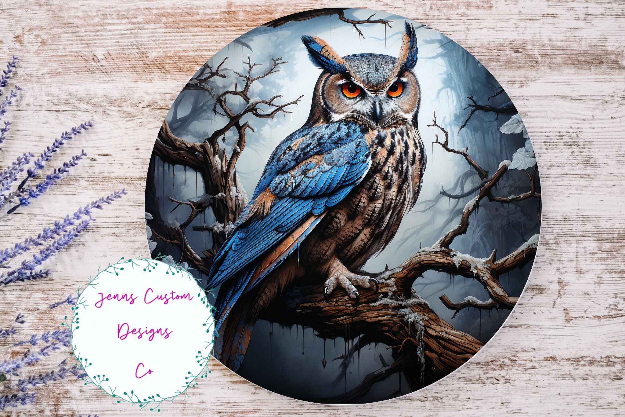 Beautiful Owl in Fall Tree Sublimation Round Door Hanger Design PNG, Sublimation Design for 12 Inch 