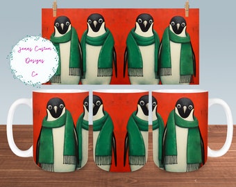 Cute Christmas Penguins with Green Scarves Mug Sublimation Design, Digital Download PNG,  Christmas 12oz and 15oz Mugs PNG, Penguin Mug PNG