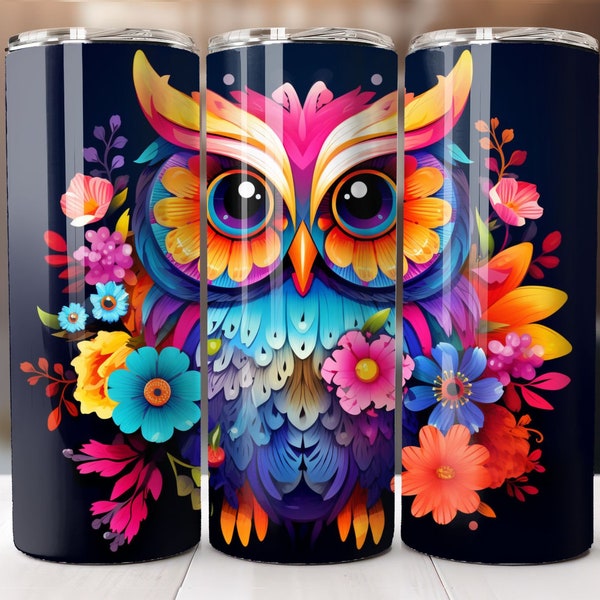 Bright Colorful Owl 20 oz Skinny Tumbler Sublimation Design Digital Download PNG Instant DIGITAL ONLY, Straight tumbler wrap.