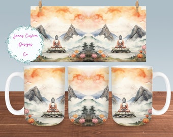 Watercolor Buddha in Mountains Mug Sublimation Design Digital Download PNG Meditation 12oz and 15oz Mugs PNG, Buddhist Meditation Mug PNG