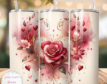 Valentine Heart and Rose 20 oz Skinny Tumbler Sublimation Design Download digital PNG Instantâneo SOMENTE DIGITAL, Envoltório de copo para dia dos namorados