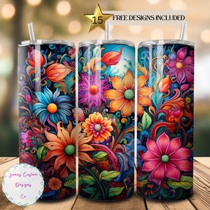 Colorful Psychedelic Flowers 20 oz Skinny Tumbler Sublimation Design Digital Download PNG Instant DIGITAL ONLY, Straight tumbler wrap.