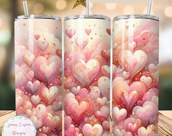 Pastel Pink Hearts 20 oz Skinny Tumbler Sublimation Design Download digital PNG Instantâneo SOMENTE DIGITAL, Envoltório de copo para dia dos namorados
