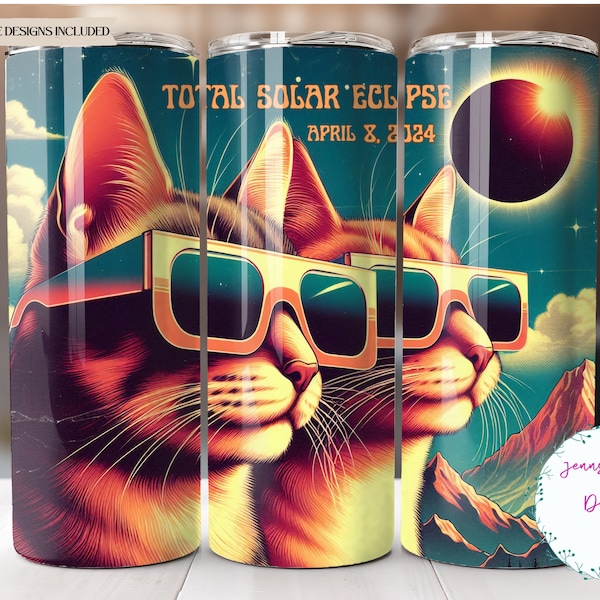 Retro Solar Eclipse April 8th 2024, Cats 20 oz Skinny Tumbler Sublimation Design Digital Download PNG Instant DIGITAL ONLY, Tumbler Wrap