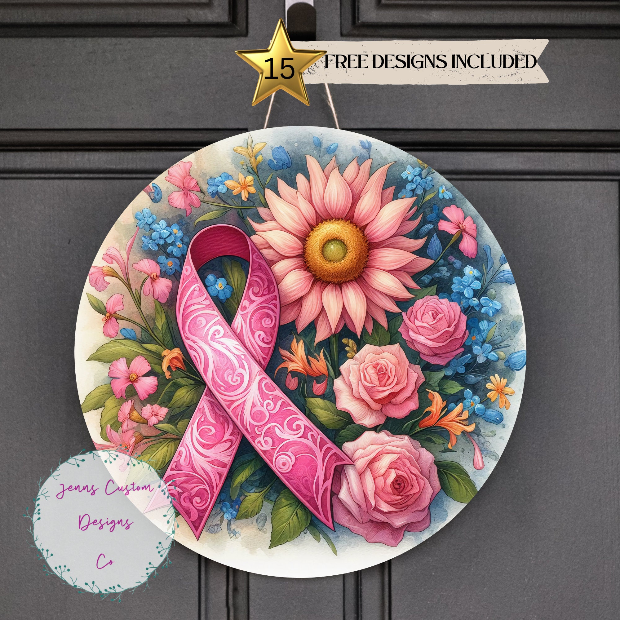 Pink Breast Cancer Awareness Ribbon Sublimation Round Door Hanger Design PNG, Sublimation Design for 12 Inch Round, Digital Download ONLY