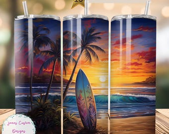 Vibrant Ocean Sunset with Surfboard 20 oz Skinny Tumbler Sublimation Design Digital Download PNG Instant DIGITAL ONLY, Straight tumbler wrap