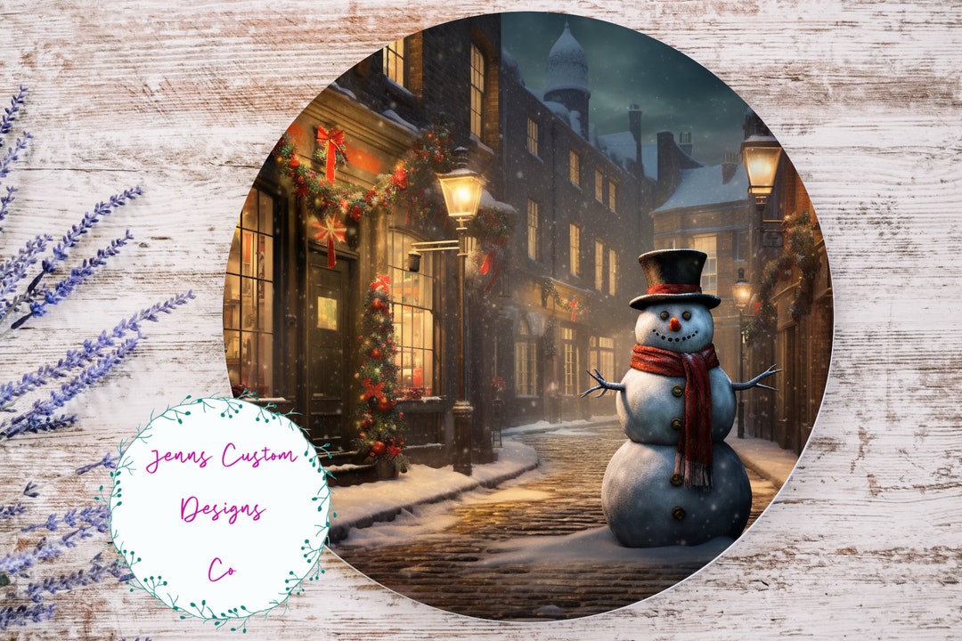 Snowman in Streets of London Sublimation Round Door Hanger Design PNG ...
